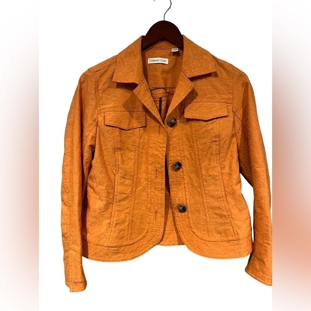 Womens Petite 4 Coldwater Creek Orange Embroidered Jacket Top Button Down